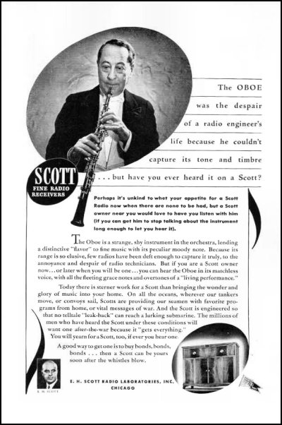 World War II Ad for Scott radio receivers, featuring an oboist